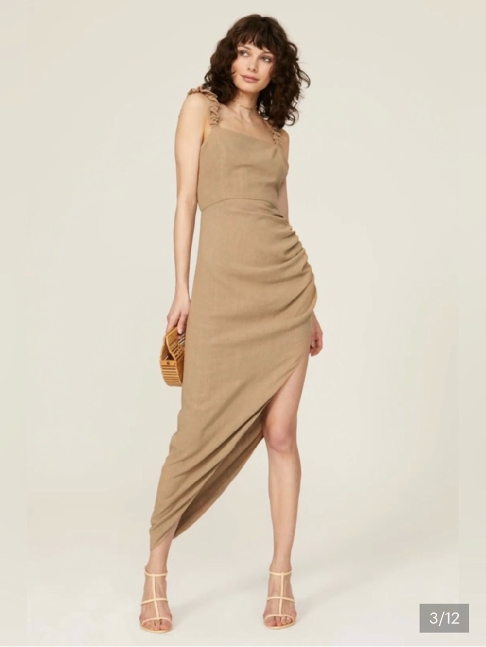 NWT JBQ Aria Asymmetric Ruching High-Low Dress in Tan
